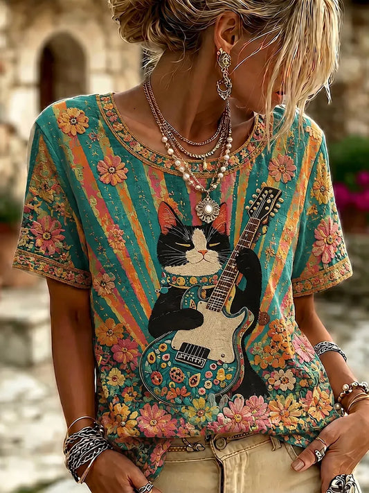 Cardydony Women's Retro Hippie Guitar Cat Print Crew Neck T-shirt