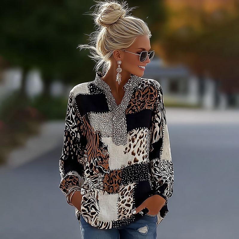 Cardydony Vintage Leopard And Animal Patchwork Art Pattern Linen Blend Loose Tops