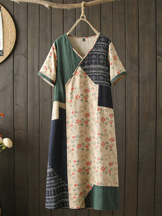 Cardydony Vintage Japanese Floral Geometric Patchwork Women's Linen Short Sleeve Maxi Dress