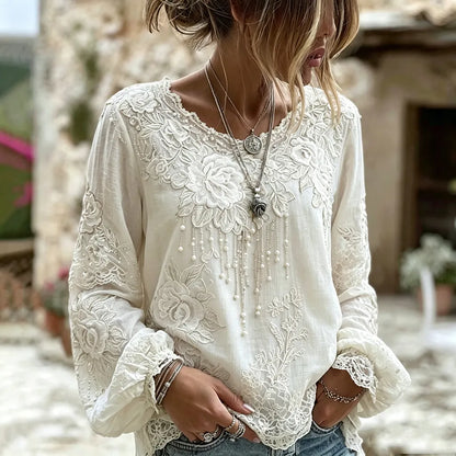 Cardydony Women's Retro Bohemian Rose Embroidery Pattern Casual Cotton Linen Blend T-shirt