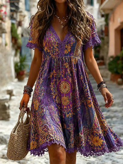Cardydony Women's Vintage Hippie Art Print Casual Linen Blend Midi Dress
