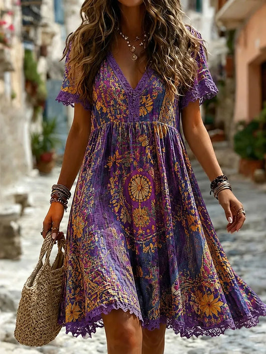 Cardydony Women's Vintage Hippie Art Print Casual Linen Blend Midi Dress