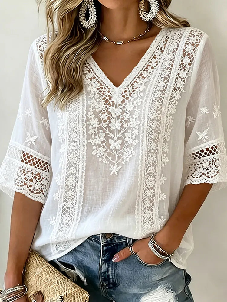 Cardydony Women's Retro Floral Lace Art Embroidery Casual Cotton Linen T-shirt