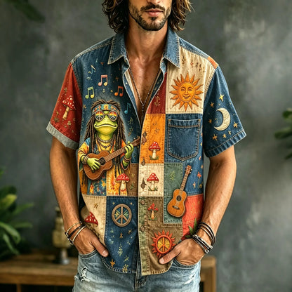 Cardydony Men's Hippie Frog Patchwork Music And Peace Sign Cannabis Leaf Mushroom Sun Art Print Casual Shirt