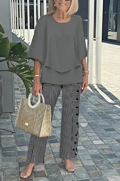 Cardydony Women's Fashion Round Neck Half Sleeve Loose Top and Elastic Waist Casual Straight Pants Set
