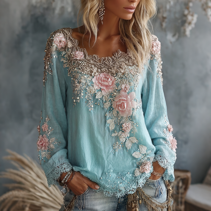 Cardydony Women's Vintage Rose Floral Art Crew Neck Long Sleeve Linen T-shirt
