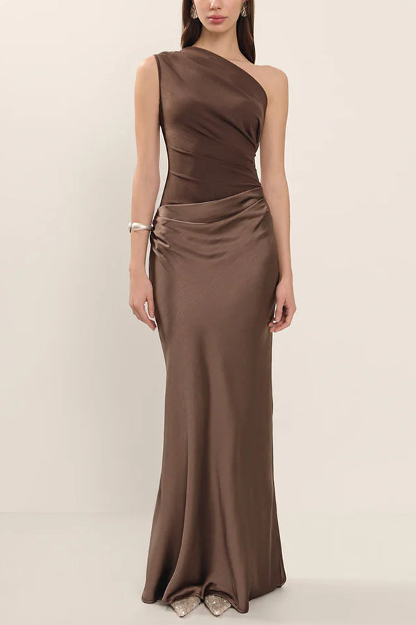 Cardydony Women's Kaia Satin Contrast Fabric Patchwork One Shoulder Ruched Maxi Dress