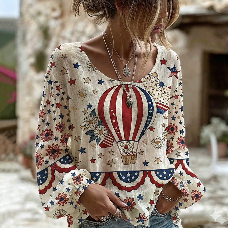Cardydony Women's Vintage Independence Day Art Print Linen Blend T-shirt