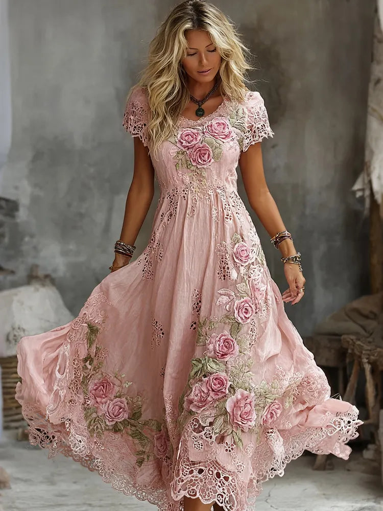 Cardydony Women's Vintage Rose Floral Art Embroidery Casual Maxi Dress
