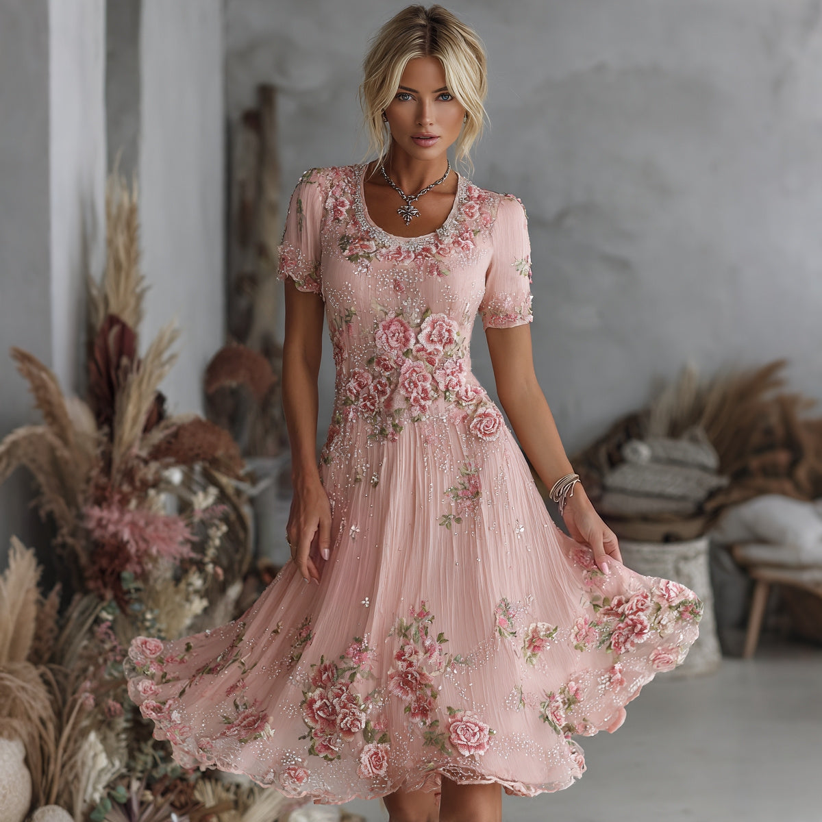 Cardydony Women's Vintage Floral Art Pattern Crew Neck Short Sleeve Linen Maxi Dress