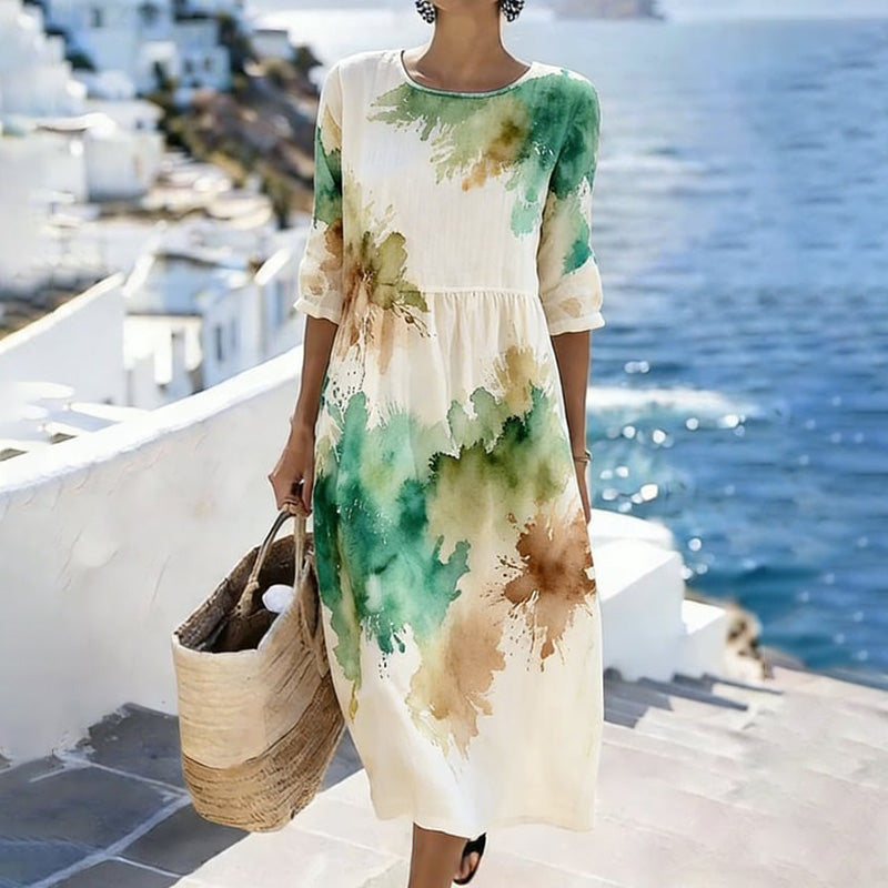 Cardydony Vintage Ink Art Pattern Linen Blend Loose Three-quarter Sleeve Dress