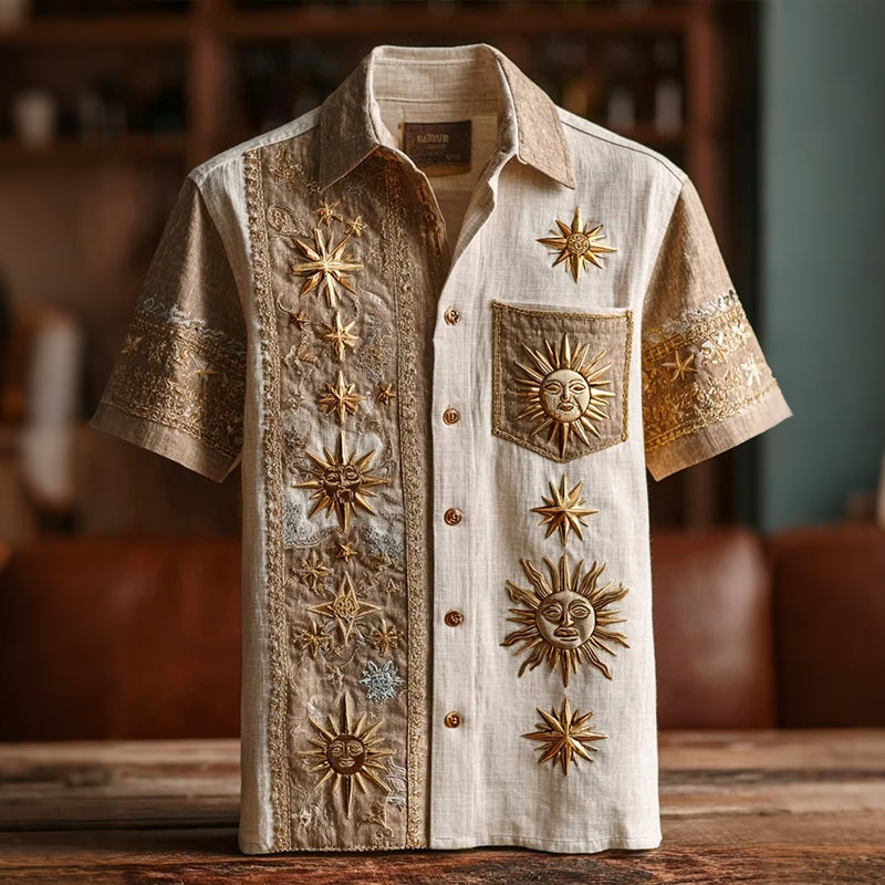 Cardydony Men's Retro Sun And Star Printed Short Sleeve Shirt