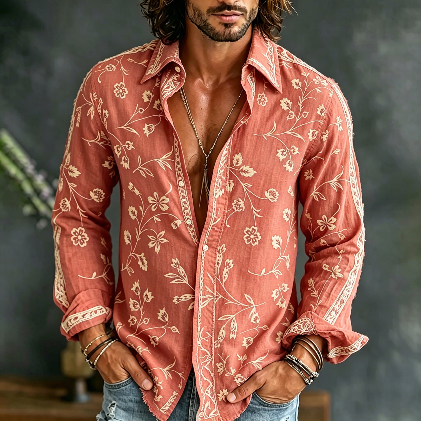 Cardydony Men's Vintage Spring Floral Embroidered Art Print Flowy Linen Blend Casual Shirt