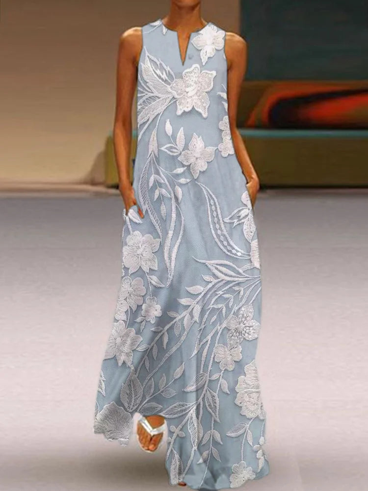 Cardydony Classy Floral Embroidered Flowy Maxi Dress