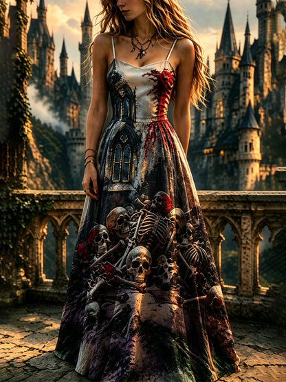 Cardydony Women's Halloween Skull Mountain Castle Strap Dress