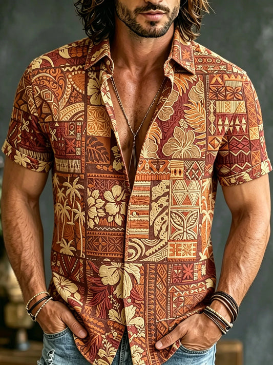 Cardydony Men's Retro Bohemian Hippie Resort Style Floral Print Short-sleeve Shirt