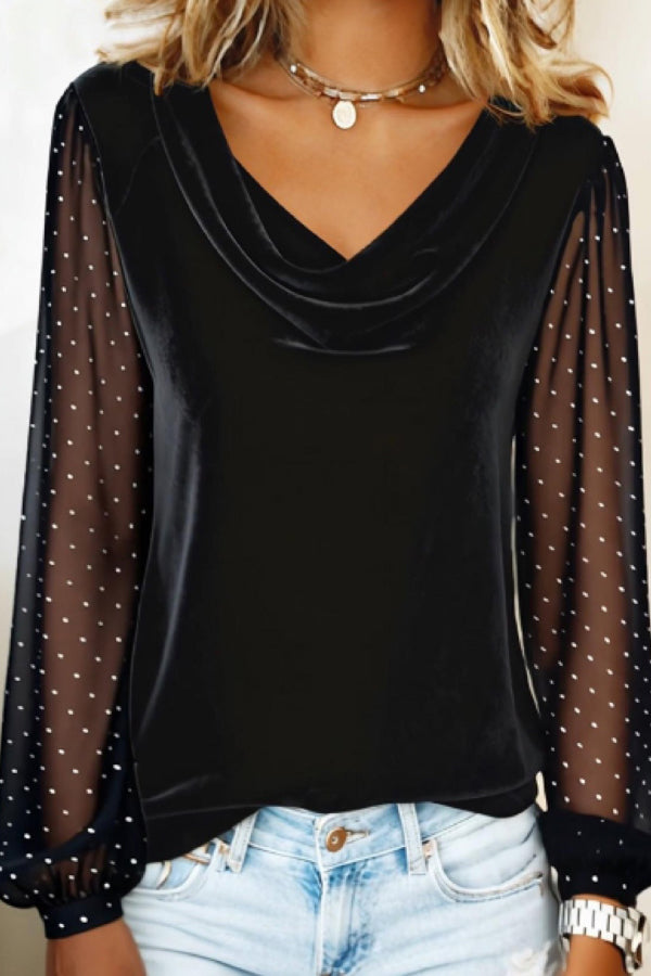 Cardydony Women's Fashionable Velvet Patchwork Mesh Rhinestone Long-sleeved Casual Top