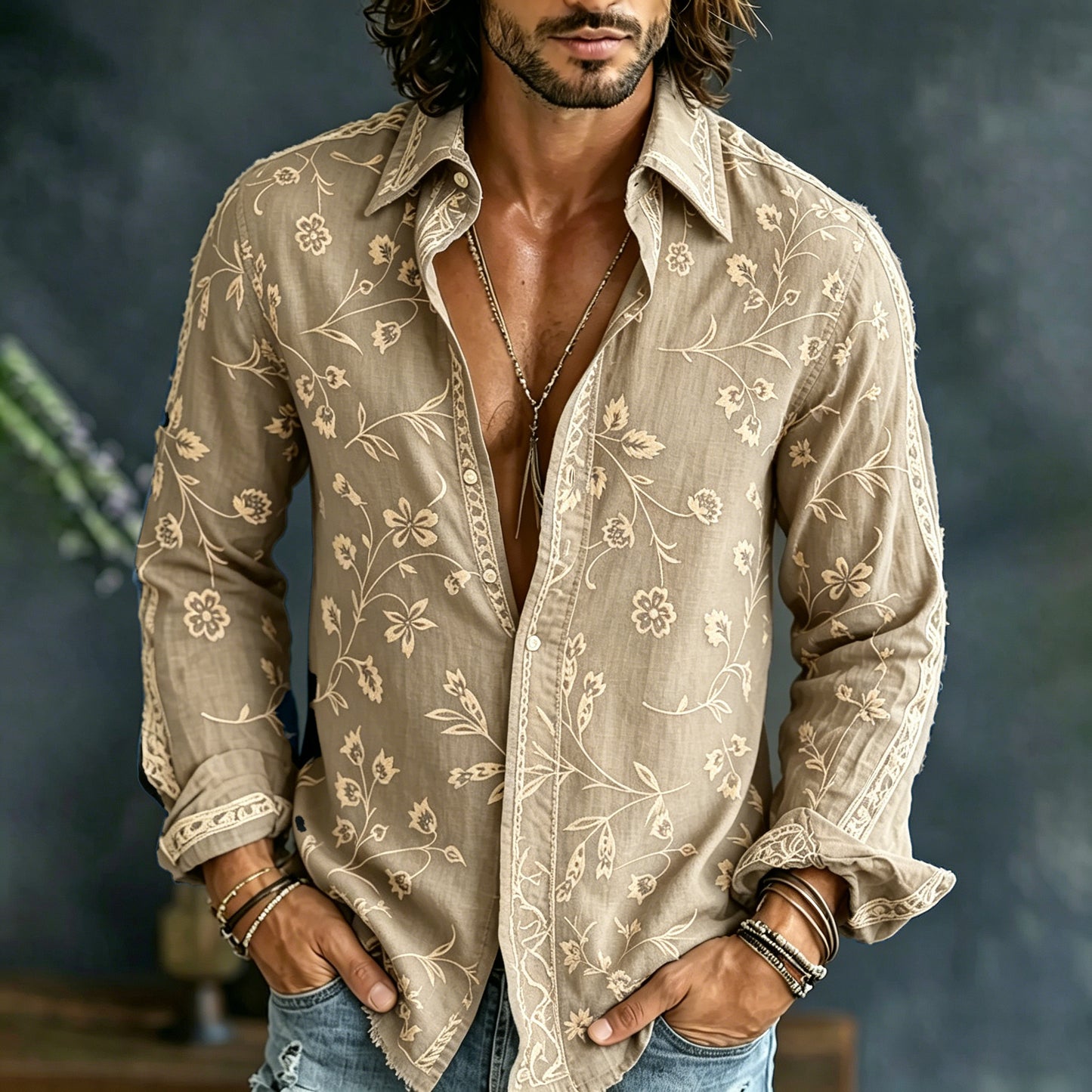 Cardydony Men's Vintage Spring Floral Embroidered Art Print Flowy Linen Blend Casual Shirt