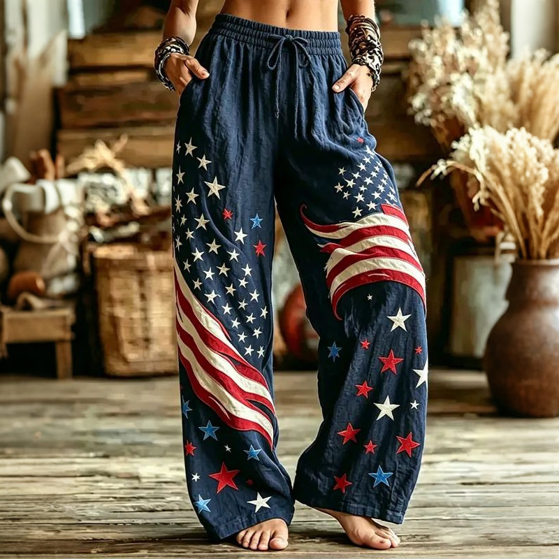 Cardydony Women's Casual American Flag And Star Print Cotton Linen Trousers