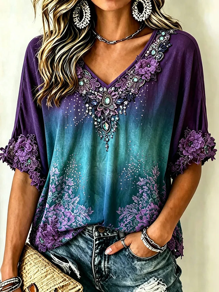 Cardydony Women's Resort Floral Lace Gradient V-neck Cotton Linen Top