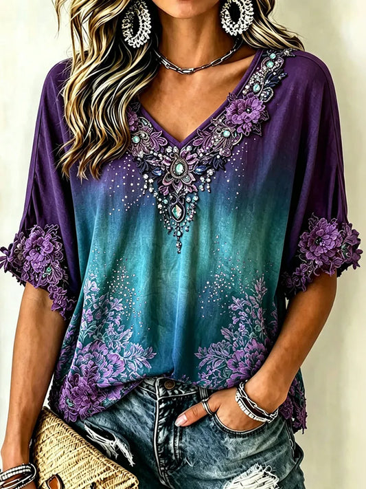 Cardydony Women's Resort Floral Lace Gradient V-neck Cotton Linen Top