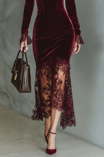 Cardydony Women's Fashionable Velvet and Lace Patchwork Square Neck Long-sleeved Maxi Dress