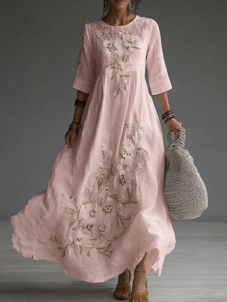 Cardydony Japanese Floral Art Embroidered Casual Linen Maxi Dress