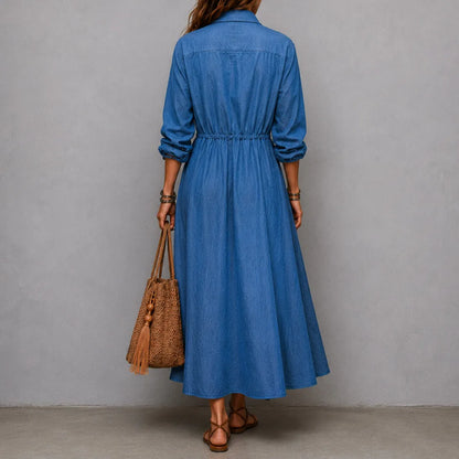Cardydony Elegant Long-sleeved Drawstring Waist Shirt Dress Maxi Dress
