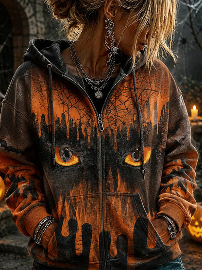 Cardydony Women's Retro Halloween Gothic Style Washed Halloween Cat Eye Bat Graveyard Full Print Hooded Sweatshirt