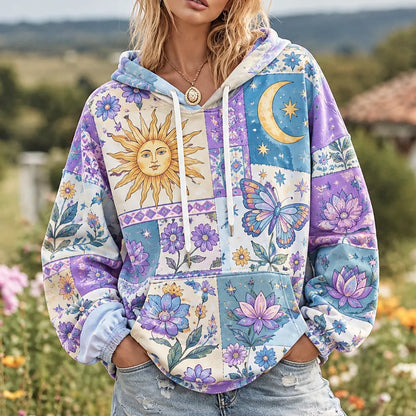 Cardydony Women's Purple Patchwork Sun, Moon, Star, Butterfly & Floral Print Hoodie