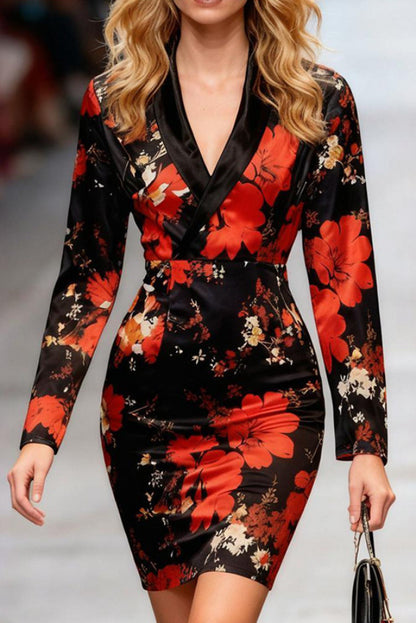 Cardydony Women's Floral Print V-neck Long-sleeved Slim-fit Mini Dress