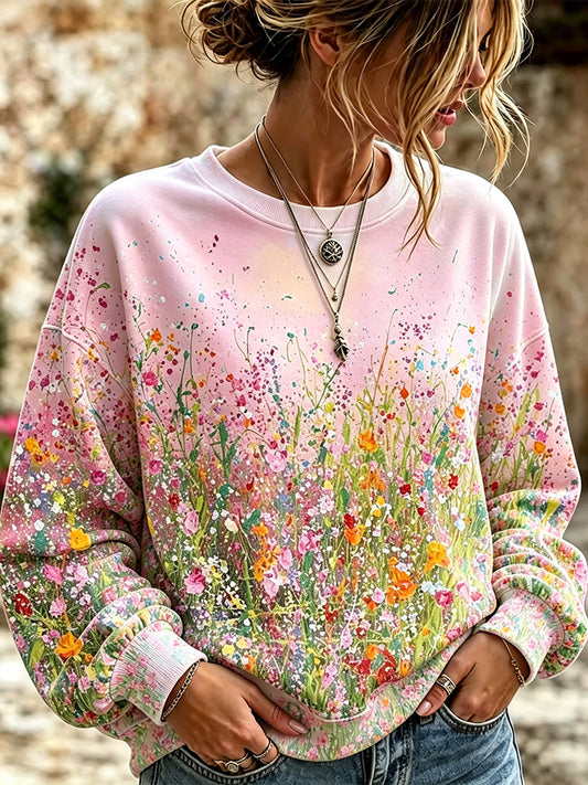 Cardydony Women's Vintage Fresh Colorful Small Floral Print Pink Casual Long Sleeve Sweatshirt