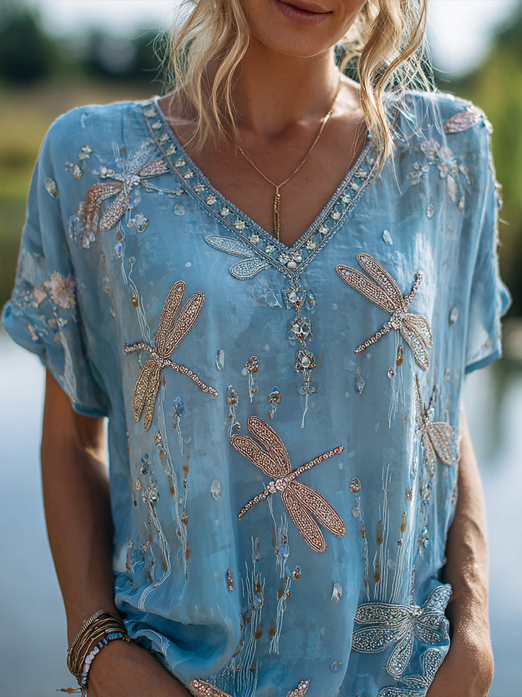 Cardydony Women's Dragonfly Rhinestone Embroidered Boho V-neck Beaded Top
