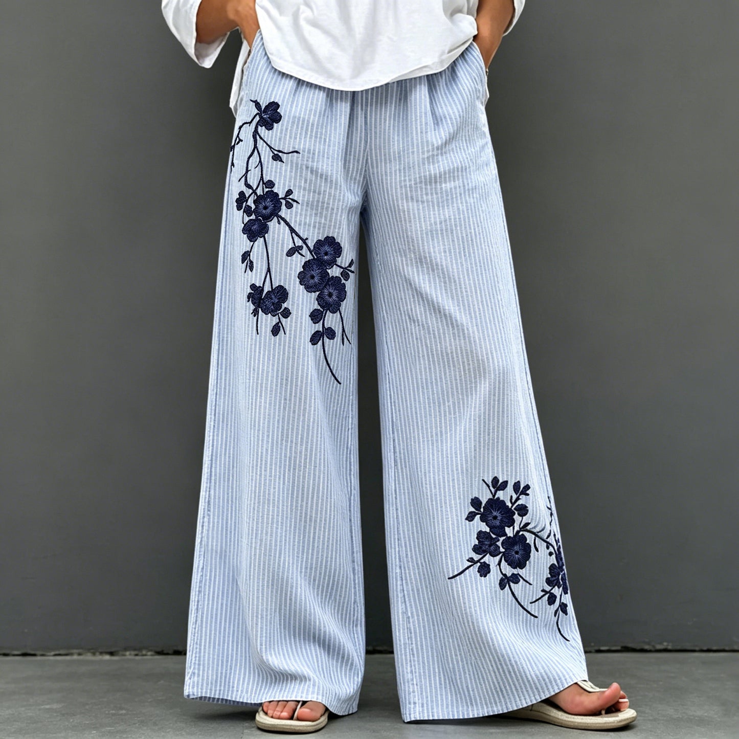 Cardydony Vintage Plum Bossom With Stripe Art Casual Pants