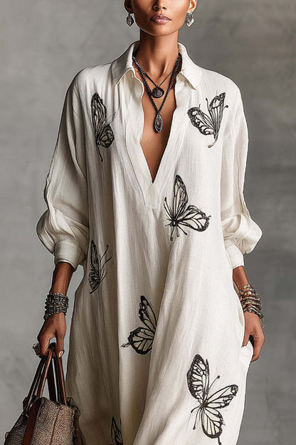 Cardydony Women's Butterfly Print V-Neck Long Sleeve Loose Casual Maxi Dress