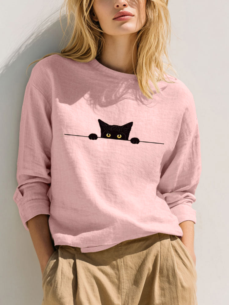 Cardydony Women's Casual Funny Black Cat Print T-shirt