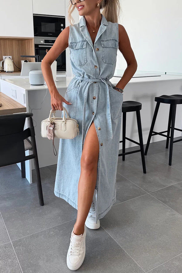 Cardydony Women's Solid Color Sleeveless Single Breasted Waist Tie Casual Pocket Denim Midi Dress