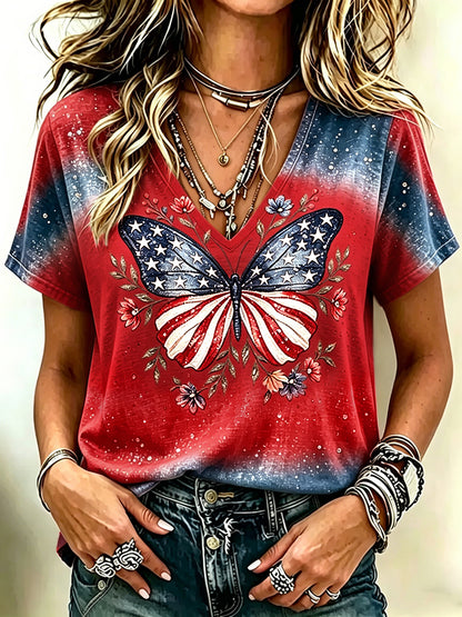 Cardydony Women's Vintage Independence Day Butterfly Printed V Neck Short Sleeve Casual Shirt