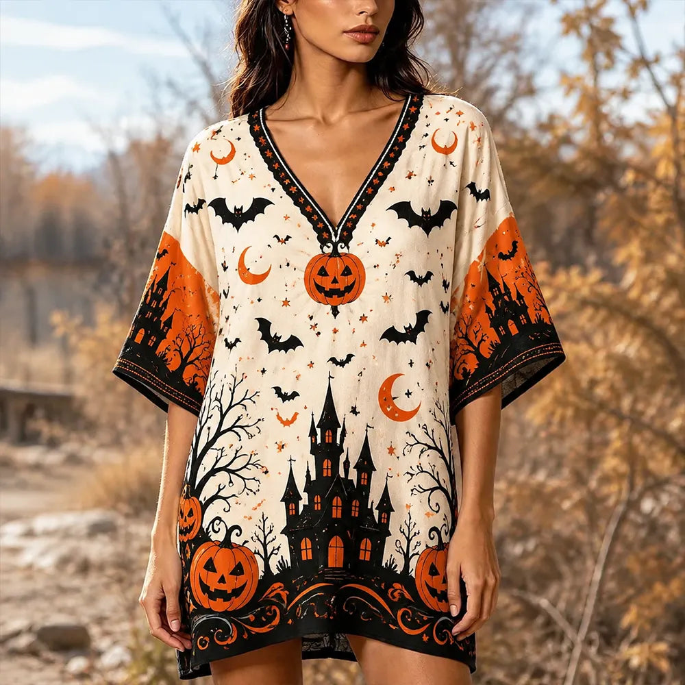 Cardydony Women's V-neck Loose-fit Mini Dress/cover-up With Halloween Festive Print: Haunted Mansion, Jack-o'-lantern, Bats, And Moons