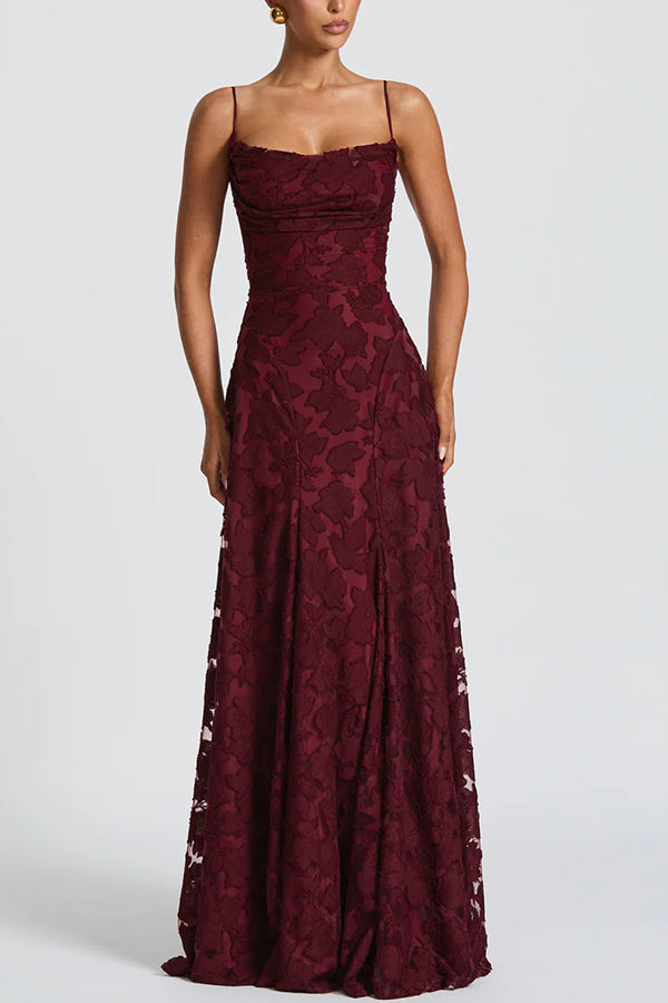 Cardydony Women's Francis Custom Floral Burnout Fabric Cowl Neck Back Lace-up Maxi Dress