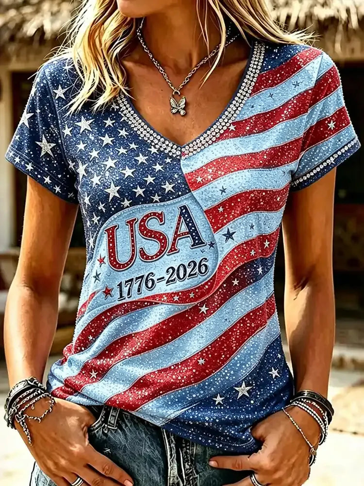 Cardydony Women's Independence Day Printed V Neck Casual Tops