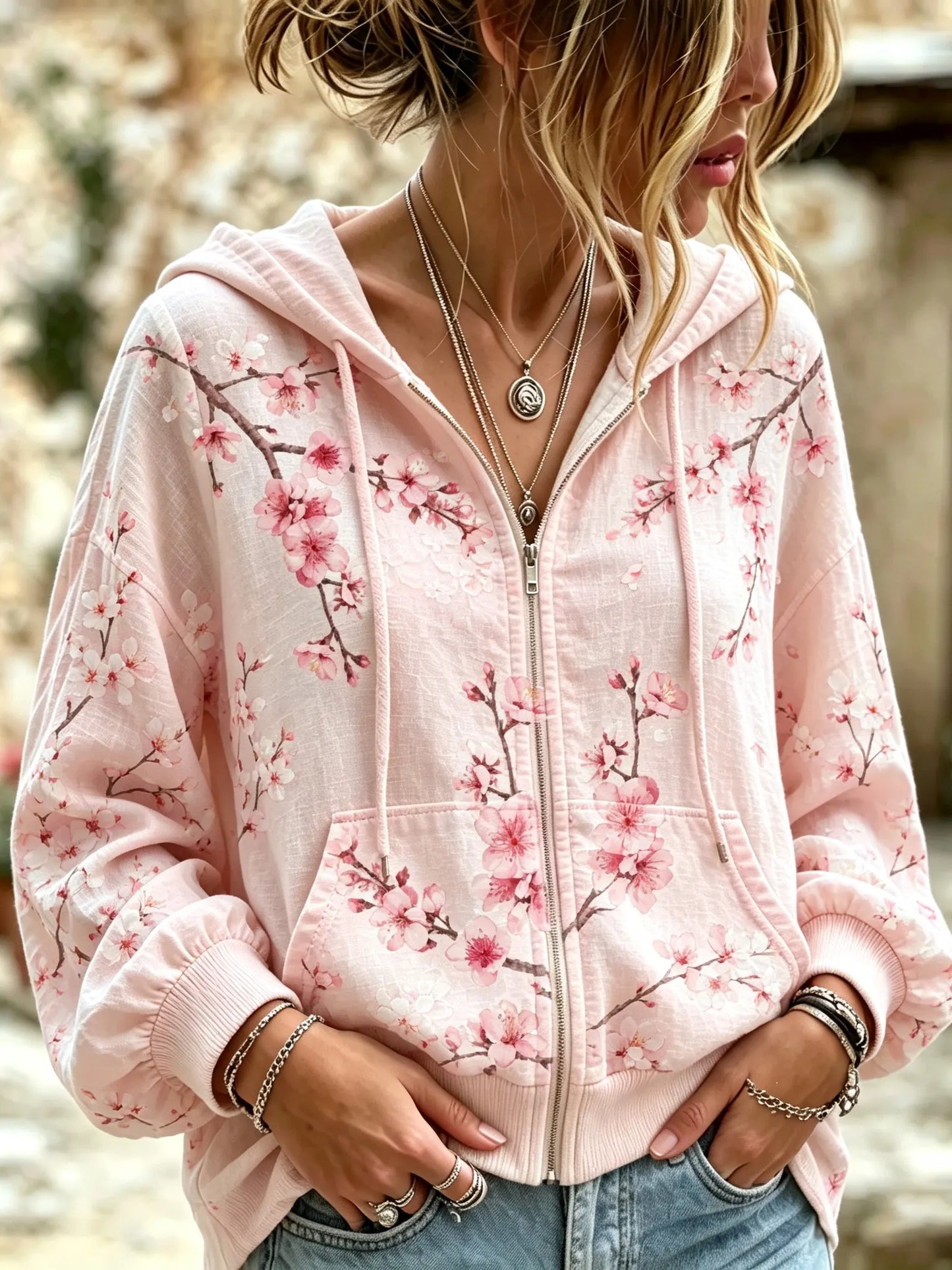 Cardydony Women's Vacation Retro Floral Print Zip-up Hoodie