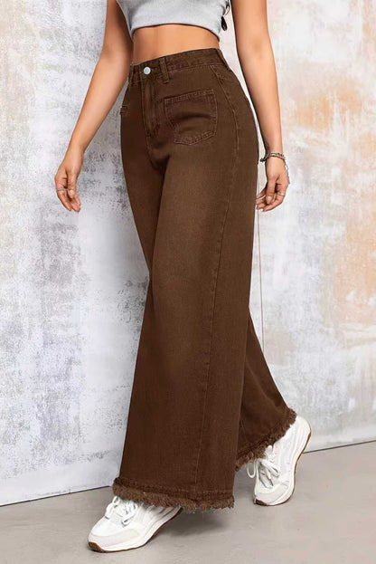 Cardydony Women's Stylish Loose-fitting Frayed Hem Casual Pocket Wide-leg Jeans