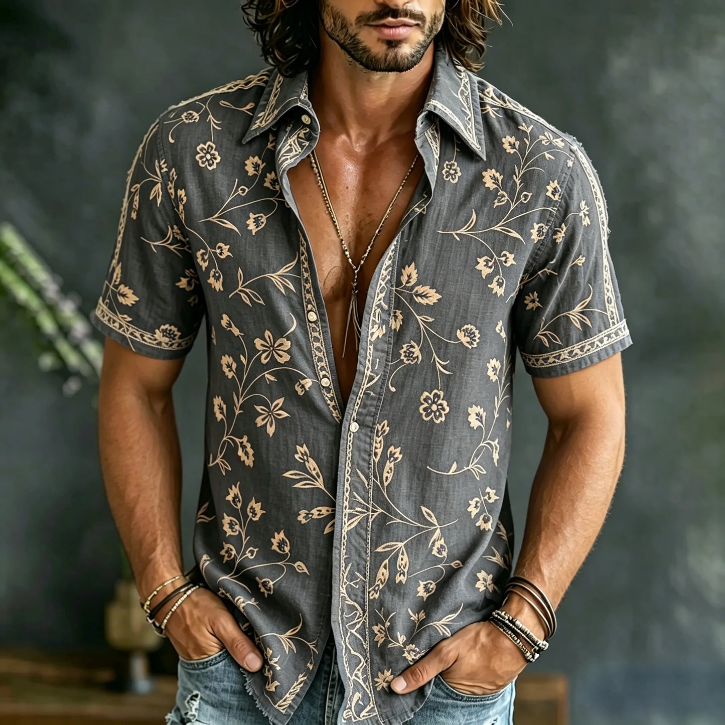 Cardydony Men's Spring Summer Floral Embroidered Art Print Flowy Linen Blend Short Sleeve Shirt