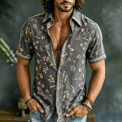 Cardydony Men's Spring Summer Floral Embroidered Art Print Flowy Linen Blend Short Sleeve Shirt