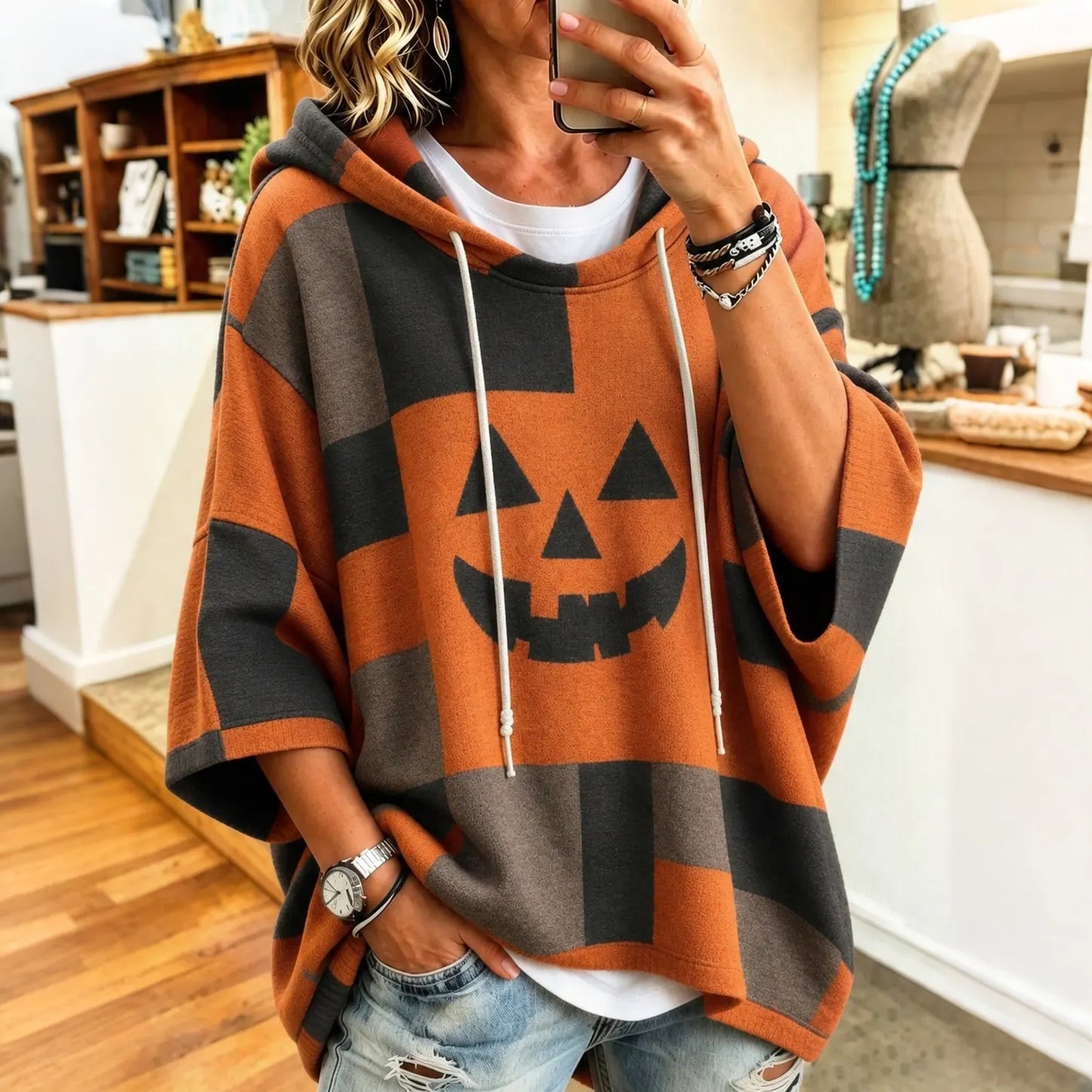 Cardydony Women's Halloween With Spooky Face Printing Hoodie