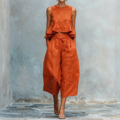 Cardydony Women's Ruffled Linen-blend Two-piece Set