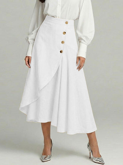 Cardydony Women's Casual Retro Irregular Ruffles Button Cotton And Linen Skirt
