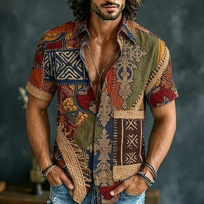 Cardydony Men's Retro Hippie Color Block Pattern Short-sleeve Cotton Linen Shirt