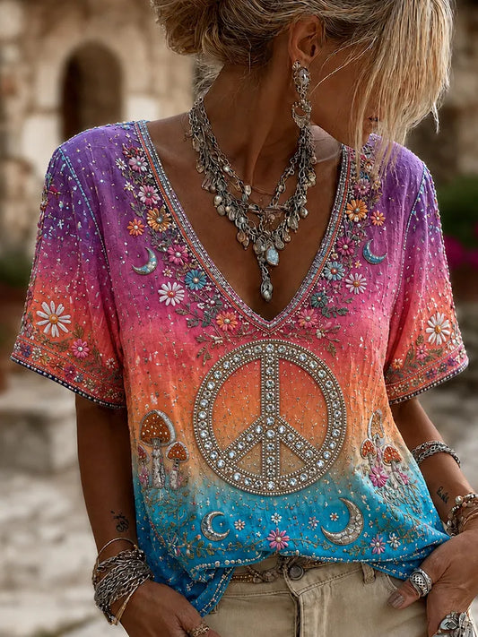 Cardydony Women's Vintage Hippie Peace Sign V Neck Blouse95% Cotton-5% Nylon